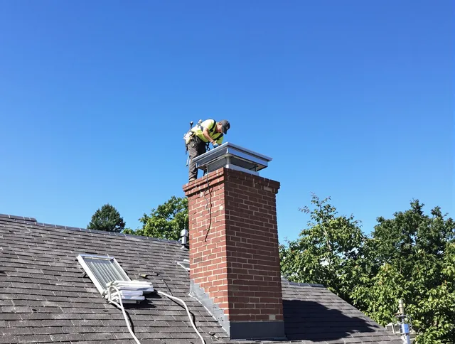 Hopkinton Chimney Sweep technician measuring a chimney cap in Hopkinton, MA